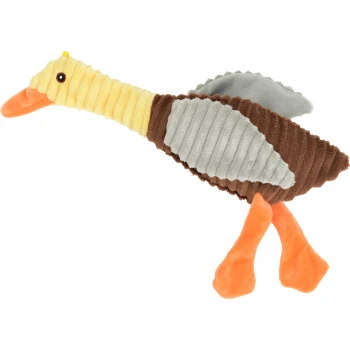 Ein plüschiges Entenspielzeug mit einem gelben Kopf, orangefarbenem Schnabel und einem braunen, grauen und cremefarbenen Körper, mit strukturiertem Stoff und orangefarbenen Beinen.