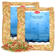 Zwei Tüten mit bunten Fischfutterpellets mit einem blauen Etikett, das Produktinformationen und Fütterungsanweisungen anzeigt.
