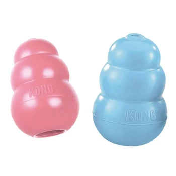 Deux jouets pour chiens KONG, un rose et un bleu, en forme de boules empilées, affichés côte à côte.