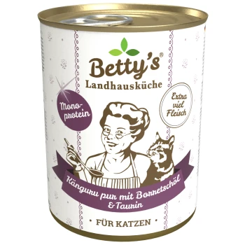 Dosenkatzenfutter von Betty's Landhausküche mit Kängurufleisch, angereichert mit Knochenmehl und Taurin, als Mono-Protein gekennzeichnet.