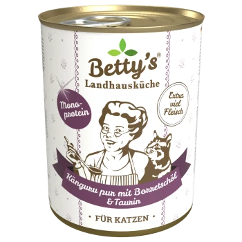 Dosenkatzenfutter von Betty's Landhausküche mit Kängurufleisch, angereichert mit Knochenmehl und Taurin, als Mono-Protein gekennzeichnet.