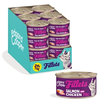Box of 24 Edgard & Cooper Fillets cat food cans (salmon and chicken 70g) with can shown, purple label and cat graphic.