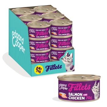 Box of 24 Edgard & Cooper Fillets cat food cans (salmon and chicken 70g) with can shown, purple label and cat graphic.