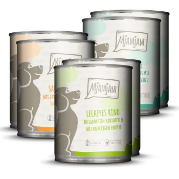 Mixpaket Adult 6x800g Quatre boîtes de nourriture pour chiens Mjamjam avec les saveurs : "Délicieux Bœuf," "Crème avec Courgette," et "Bœuf avec Pommes de Terre et Pois."
