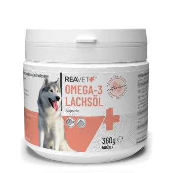Behälter mit REAVET Omega-3 Lachsölkapseln für Haustiere, mit einem Bild eines Huskys, 360g, 500 Kapseln, mit natürlichen Inhaltsstoffen.