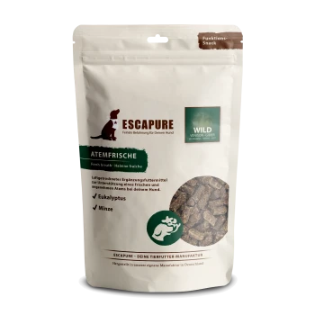 Eine Tüte ESCAPURE Hundeleckerlis mit der Aufschrift "Atemfrische" für frischen Atem, mit Eukalyptus- und Minzzutaten, mit einem Wildschweinfleischanspruch.
