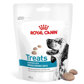 Snacks Adult, Hypoallergenic Royal Canin Hundeleckerli-Packung mit einem schwarz-weißen Hund, beschriftet mit 'Leckerlis kompatibel mit hypoallergenen Diäten', 230g.