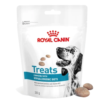Royal Canin Hundeleckerli-Packung mit einem schwarz-weißen Hund, beschriftet mit 'Leckerlis kompatibel mit hypoallergenen Diäten', 230g.