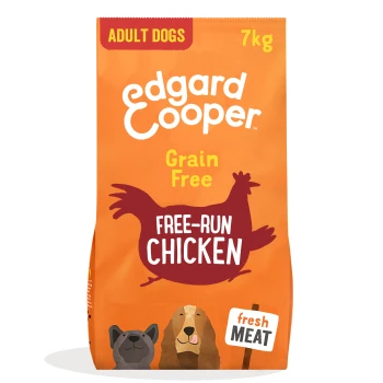 Dog food bag featuring Edgard Cooper brand, labeled "Grain Free" and "Free-Run Chicken," suitable for adult dogs, 7kg.