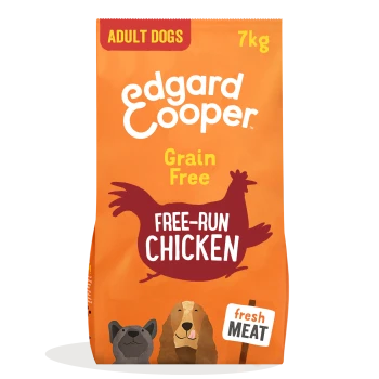 Dog food bag featuring Edgard Cooper brand, labeled "Grain Free" and "Free-Run Chicken," suitable for adult dogs, 7kg.