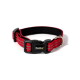 Rotes verstellbares Nylon-Hundehalsband mit schwarzem Kunststoffverschluss mit der Aufschrift 'lionto' und Metall-D-Ring vor weißem Hintergrund.