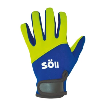 Niebieska rękawica do pielęgnacji zwierząt z neonowo-zielonymi akcentami i nazwą marki "Söll" wydrukowaną na białym tle, zaprojektowana dla łatwego użytkowania i komfortu.