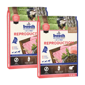 Dwa 7,5 kg worki karmy dla psów Bosch Reproduction, z designem psa i tekstem podkreślającym 27% białka i 16% tłuszczu.