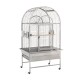 Großer silberner Vogelkäfig mit gewölbtem Dach, Doppeltüren und einem Holzsitzstange, montiert auf einem rollbaren Gestell für einfache Mobilität.