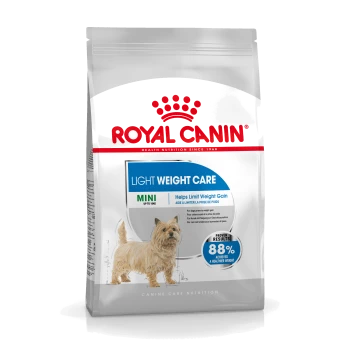 Royal Canin Light Weight Care Hundefutterbeutel mit einer Illustration eines kleinen Hundes, der behauptet: "88% haben ein gesünderes Gewicht erreicht."
