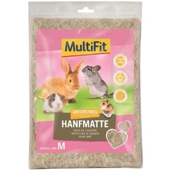 MultiFit Hanfmatten-Basisstreu für Kleintiere, Größe M, mit Bildern von Kaninchen, Chinchilla und Meerschweinchen auf der Verpackung.