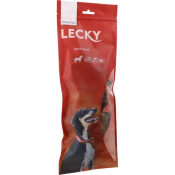 Rote Verpackung für "LECKY Pferdesnack" mit einem glücklichen Hund auf der Vorderseite, als 100% natürlich gekennzeichnet.