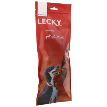 Rote Verpackung für "LECKY Pferdesnack" mit einem glücklichen Hund auf der Vorderseite, als 100% natürlich gekennzeichnet.