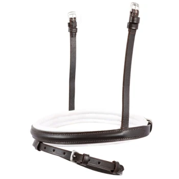 Braunes Leder-Haustiergeschirr mit weißer Polsterung, mit verstellbaren Riemen und Metallverschlüssen.