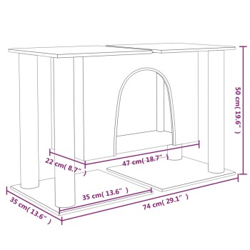 Illustration eines Möbelstücks für Haustiere mit beschrifteten Abmessungen: 50 cm Höhe, 74 cm Breite, 35 cm Tiefe, mit einem Durchgang.