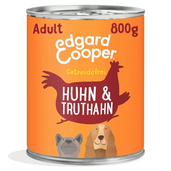 Dose Edgard Cooper erwachsenes getreidefreies Hundefutter mit Huhn und Truthahn, 800g, mit Hundeillustrationen.