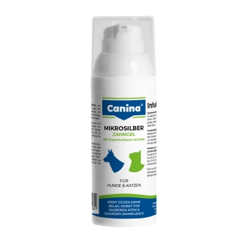 Canina Mikrosilber Zahngel-Pumpflasche, Zahngel für Hunde & Katzen mit Grapefruitkernextrakt; Etikett mit der Aufschrift 'Für Hunde & Katzen'.