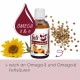 Flasche feliTATZ Bio Haarballenöl für Katzen, mit einer Sonnenblume, Hanfsamen und Text, der Omega-3- und Omega-6-Fettsäuren hervorhebt.