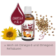 Flasche feliTATZ Bio Haarballenöl für Katzen, mit einer Sonnenblume, Hanfsamen und Text, der Omega-3- und Omega-6-Fettsäuren hervorhebt.