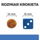Obrazek przedstawiający granulkę karmy dla zwierząt obok niebieskiej kostki do gry dla porównania rozmiaru; granulka ma 10 mm, kostka ma 16 mm.