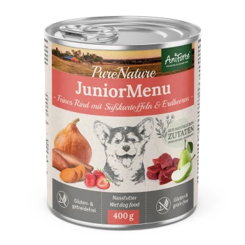 Dose mit PureNature JuniorMenu Nassfutter für Hunde mit Rindfleisch, Süßkartoffeln und Erdbeeren, gekennzeichnet als gluten- und getreidefrei, 400 g.