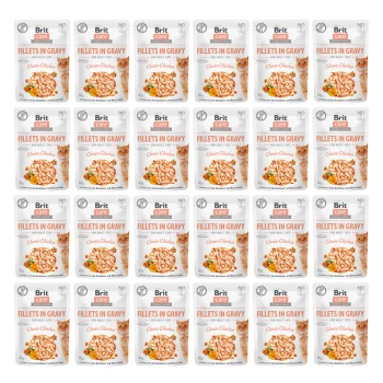 Torebki karmy dla kotów Brit Care, oznaczone "Filety w sosie - Wybór z kurczaka," ułożone w siatkę, z wizerunkiem kota i szczegółami odżywczymi.