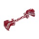 Red and white twisted cotton rope dog toy with knots and frayed ends on both sides.