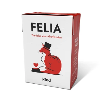 FELIA Rind (10x190g) Kartons mit FELIA-Hundefutter, das einen roten Fuchs im Zylinder zeigt, mit einem Herzsymbol und dem Wort 'Rind' deutlich sichtbar.