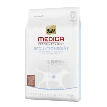 Select Gold Medica Veterinary Diet Adipositas-Diät Hundefutterbeutel, 10 kg, mit Text in mehreren Sprachen und einer Silhouette eines Hundes.