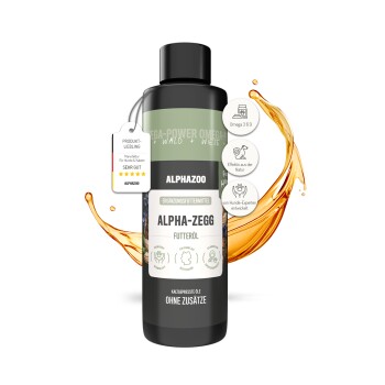 Flasche ALPHA-ZEGG Hundefutteröl, mit einem Pfotenabdruckdesign, mit Etiketten, die Omega 3 & 6 und eine 5-Sterne-Bewertung anzeigen.