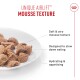Mousse pet food chunks on white plate; text: UNIQUE AIRLIFT™ MOUSSE TEXTURE; callouts: soft, slows eating, hydrating.
