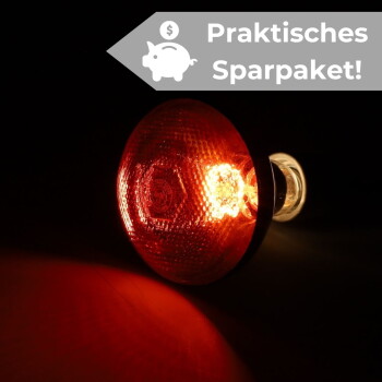 Rote, leuchtende Wärmelampen-Glühbirne vor dunklem Hintergrund, graues Banner mit Schweine-Icon und Text 'Praktisches Sparpaket!'