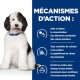 Un chien noir et blanc duveteux avec un collier bleu sourit à côté d'un texte énumérant les avantages pour la santé urinaire, y compris la réduction des pierres et des oméga-3.
