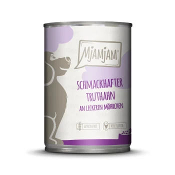 Adultes Dinde et petites carottes 6x400 g Boîte de nourriture pour chien Mjamjam avec de la dinde et des carottes, avec une silhouette de chien ludique et un texte en allemand : "Schmackhafter Truthahn an leckeren Möhrchen."