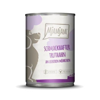 Dose Mjamjam Hundefutter mit Truthahn und Karotten, mit einer verspielten Hundesilhouette und dem Text auf Deutsch: 'Schmackhafter Truthahn an leckeren Möhrchen.'