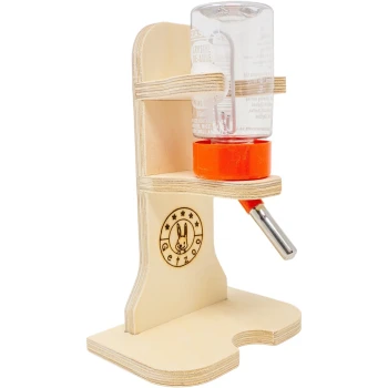 Holzhalter für Haustier-Wasserflasche mit einer klaren 75ml Flasche, mit einem Metallauslauf und dem "Getzoo"-Logo mit einem Hasendesign.