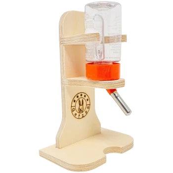 Holzhalter für Haustier-Wasserflasche mit einer klaren 75ml Flasche, mit einem Metallauslauf und dem "Getzoo"-Logo mit einem Hasendesign.