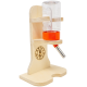 Holzhalter für Haustier-Wasserflasche mit einer klaren 75ml Flasche, mit einem Metallauslauf und dem "Getzoo"-Logo mit einem Hasendesign.