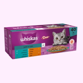 Whiskas Duo Surf & Turf cat food packaging featuring a gray cat, with flavors listed: Cod, Salmon, Tuna, Chicken, Turkey, Trout, and Beef.