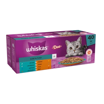 Whiskas Duo Surf & Turf cat food packaging featuring a gray cat, with flavors listed: Cod, Salmon, Tuna, Chicken, Turkey, Trout, and Beef.