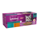 Whiskas Duo Surf & Turf cat food packaging featuring a gray cat, with flavors listed: Cod, Salmon, Tuna, Chicken, Turkey, Trout, and Beef.