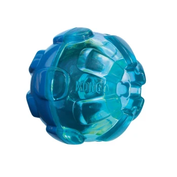 Blue KONG dog toy, shaped like a ball with textured surfaces for grip and play, featuring the brand name "KONG" embossed on it.