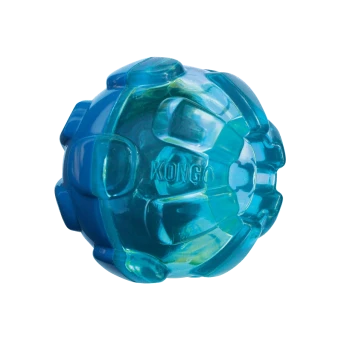 Blue KONG dog toy, shaped like a ball with textured surfaces for grip and play, featuring the brand name "KONG" embossed on it.