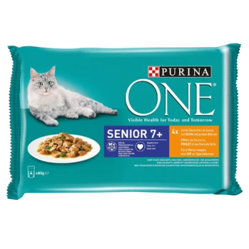 Verpackung von Purina ONE Senior 7+ Katzenfutter mit einer grauen Katze und einer Schüssel mit Nassfutter, die "Sichtbare Gesundheit für heute und morgen" hervorhebt.