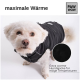 Ein kleiner Hund trägt eine schwarze Winterjacke, mit dem Text "maximale Wärme" und "Extra warme Hundejacke für eisige Temperaturen."
